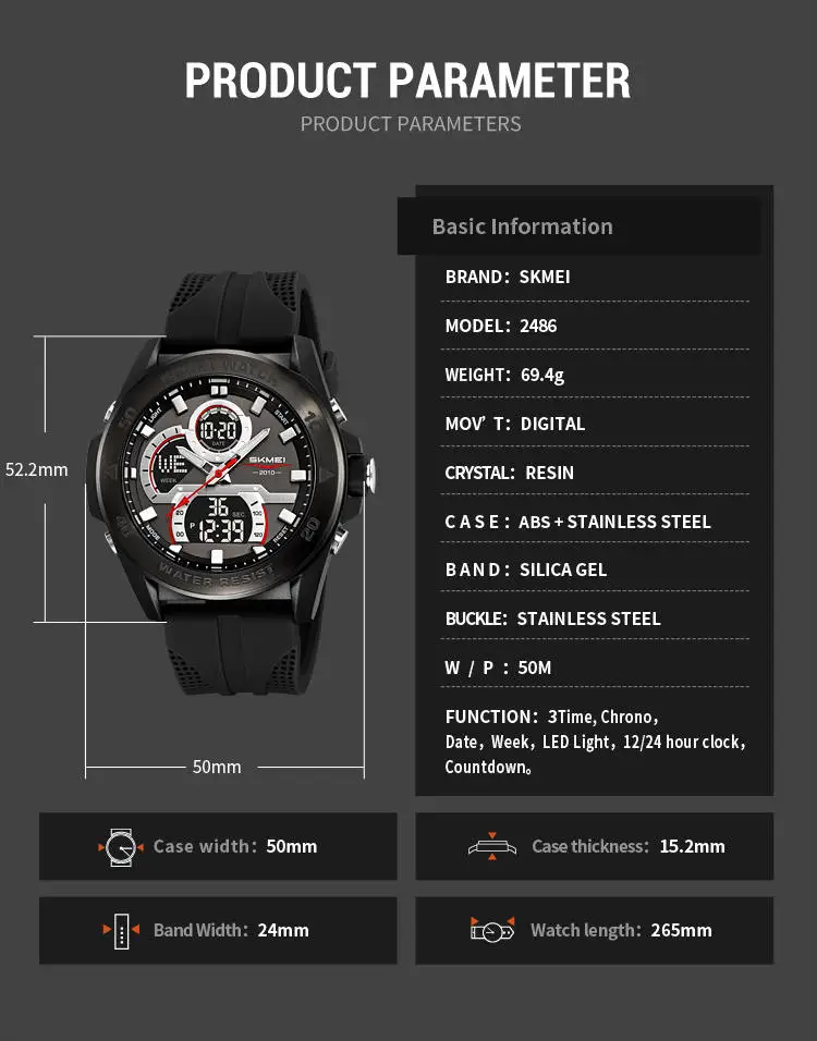 Skmei 2486 Top 10 Brands Hot Sell Man Digital Watch Stylish Silicone Band Waterproof Calender Chronograph Casual Watch Supplier