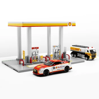 CCA 1/64 Gulf Shell Gas Station Assembly Toy Car Model, 1:64 Diorama Scene Figure With 1/43 Super Sport and 1/72 Volvo Truck