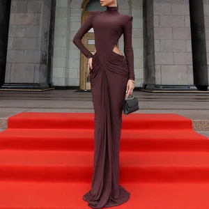 2026 New Summer Women's Clothing Turtleneck Brown Dress Fashionable Long Sleeve Pleated Hollow Slim Dress