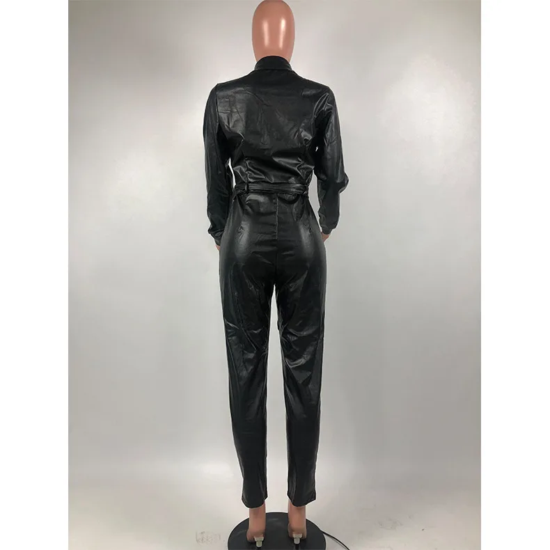 Yp Solid Bodysuits Women One Piece Women Pu Leather Jumpsuits Long Sleeve Black Bodysuits 6549