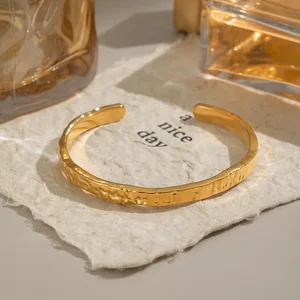 MW Women's INS Style 18K Gold - Plated Stainless Steel Minimalist Hammered Unique Cuff Waterproof Bracelet