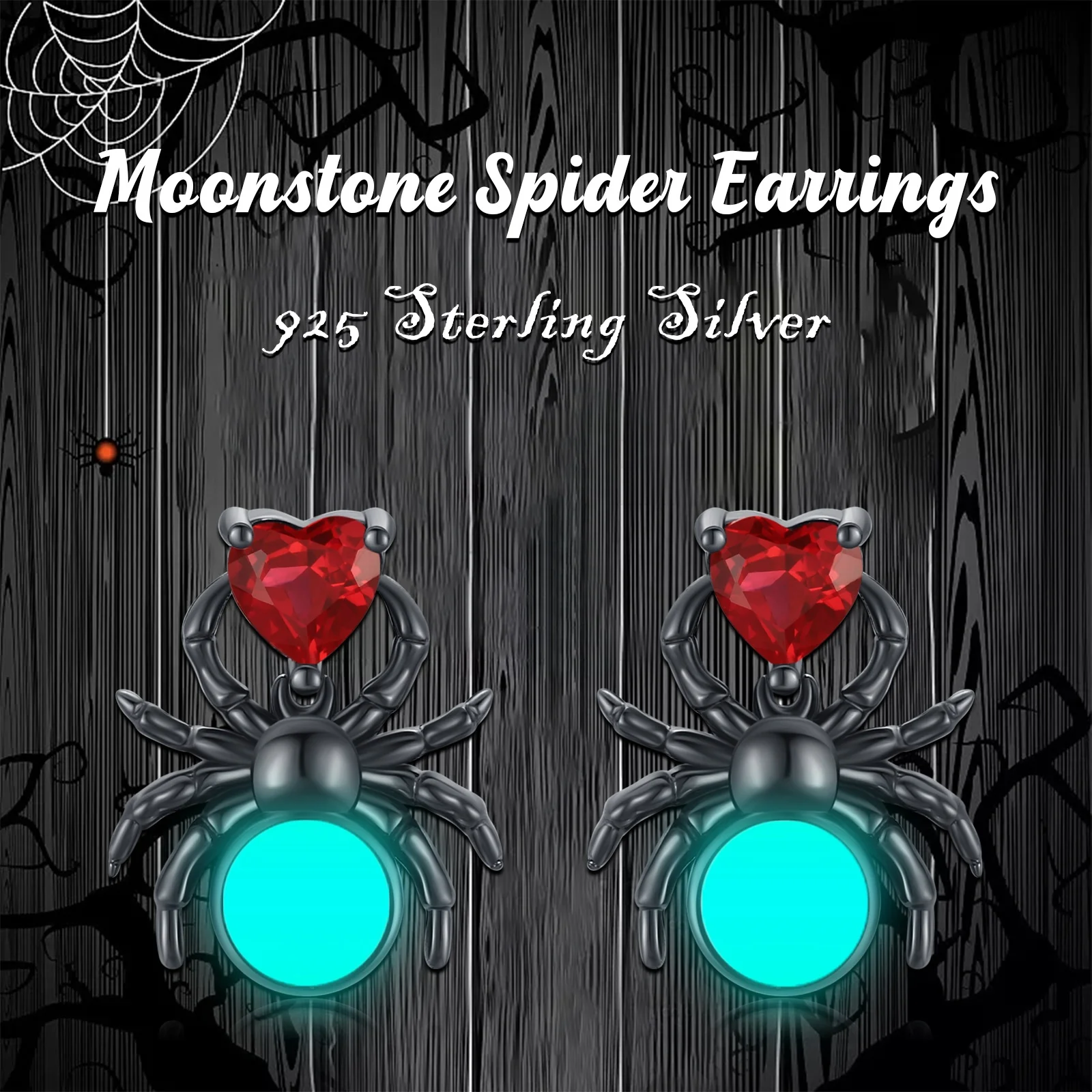 Halloween Jewelry 925 Sterling Silver Red Zircon Glowing in the Dark Luminous Spider Stud Earrings