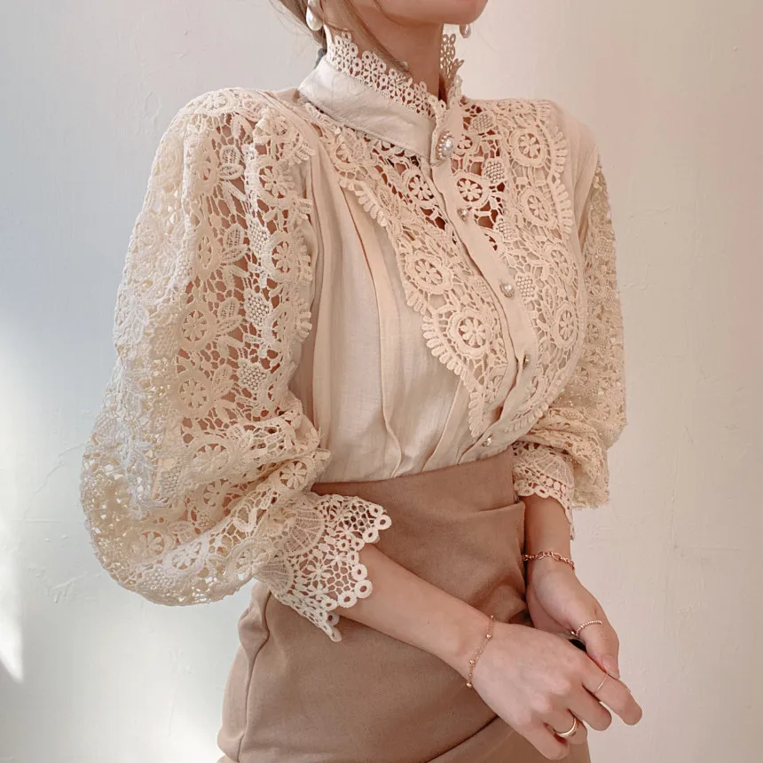 2021 Woman Korean Tops Fashionable Chic Button All-match Lace Hollow Flower Shirt Blouse T13105Y