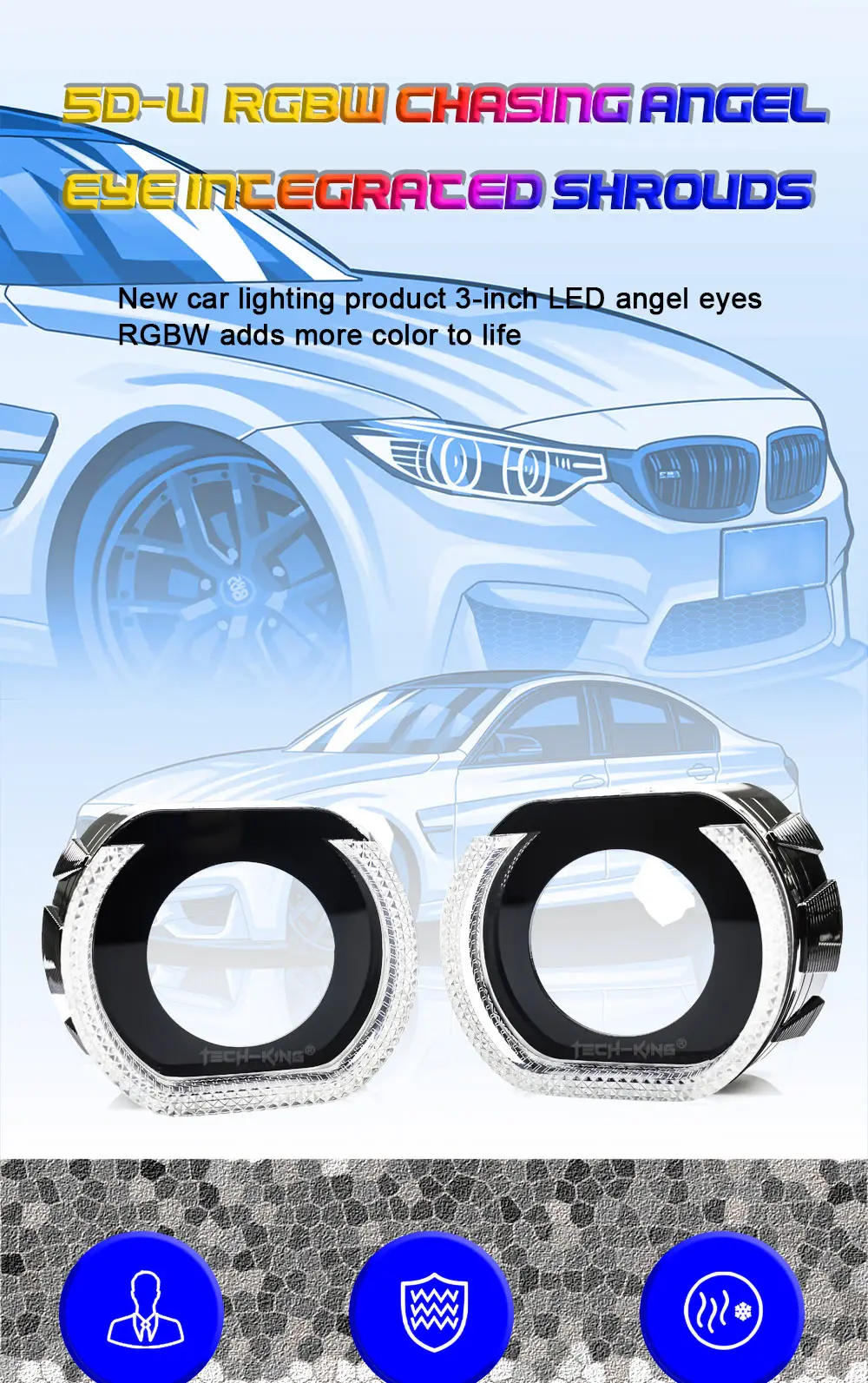 TECH-KING APP Control Projector Shrouds With LED U Shape RGBW Crystal LED Angel Eye Black Decorative Cover Retrofit and upgrade