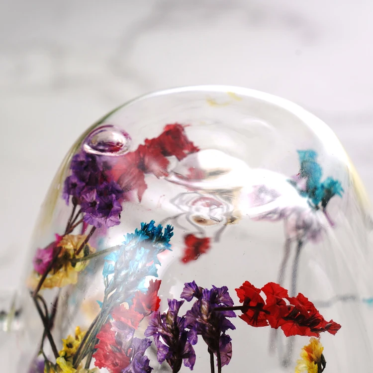 New Design Handmade High Borosilicate Creative Dry Flower Double Wall Glass Mug Cup