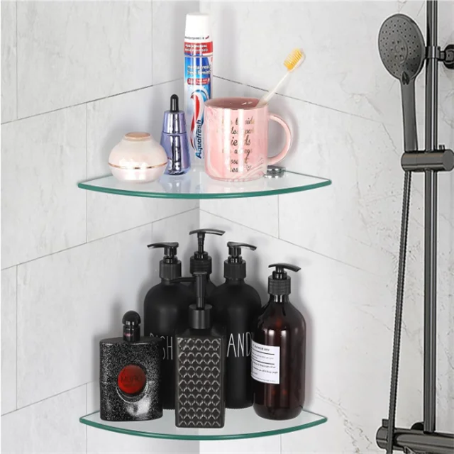 Glass Corner Shower Shelf, Tempered Glass Shelf Wall Mount, Shower Ball Bag Organizer, Bathroom Corner Glass Shelf