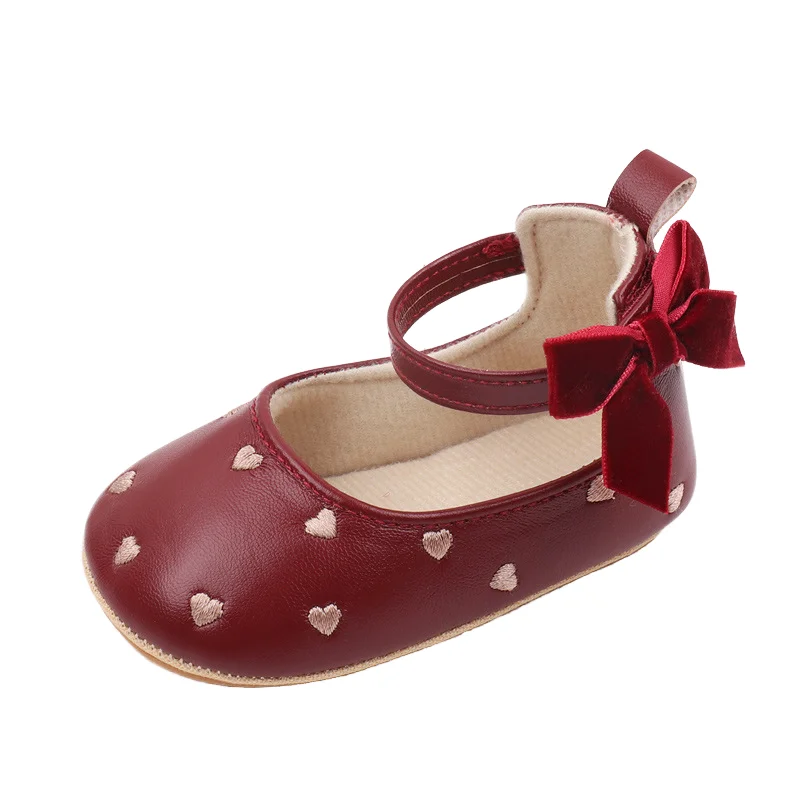 Solid Color PU Leather Baby Girl Princess Shoes Heart-Shaped Pattern with Velvet Bow Decoration Mary Jane Flats Style