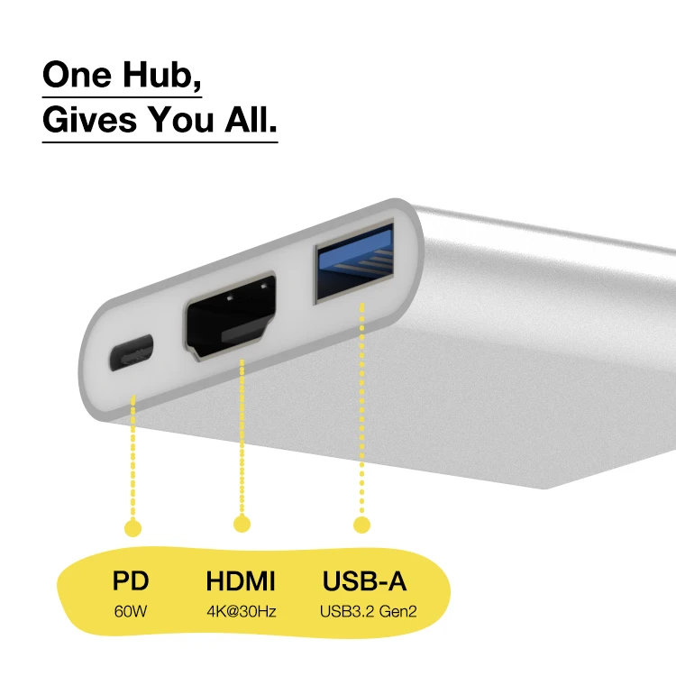 Best Selling 3 in 1 USB-C Hub HDMI USB 3.0 and PD Charging Hub for MacBook