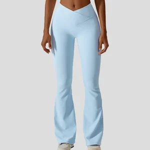 High Waist V Cross Yoga Flare Pants Ribbed Skin-Friendly Fabric Quick Dry Wide Leg Sport Fitness Leggings Soft Comfortable