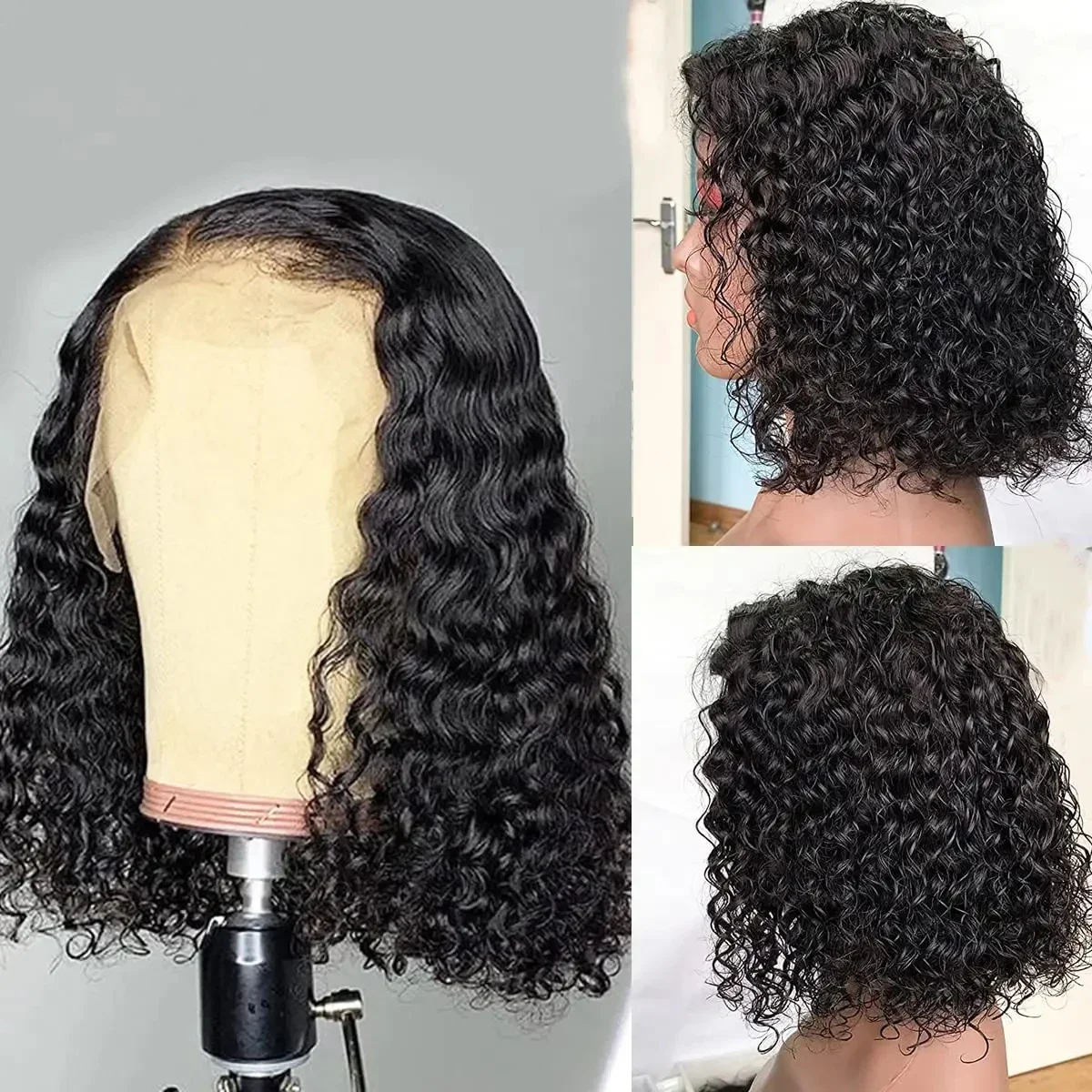 Deep Wave Bob Wig 180 Density T Part Lace Frontal Human Hair Peruvian Remy Curly Short Bob Wig_voghion.com