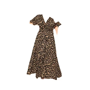 Customize Custom Designer Chiffon Casual Loose Women Deep V Neck Short Sleeve Sash Waist Leopard Print Plus Size Sexy Dress