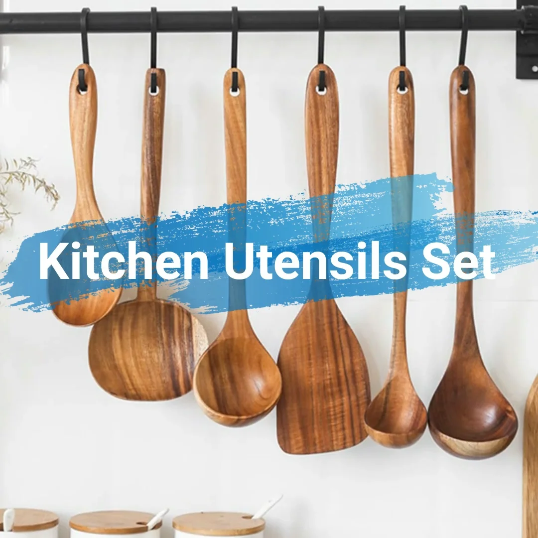 Natural Teak Kitchen Utensil Set Non