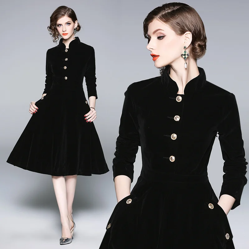 Bulk Stock Black Autumn New Design Fashion Graceful Stand Collar Long Sleeve Black Retro Elegant Velvet Ladies One Piece Dresses Buy Ladies One Piece Dress Elegant Velvet Dress Black Elegant Dress Product On