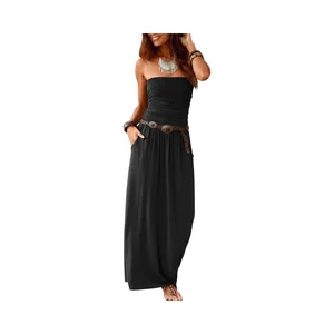 Women's Strapless Chiffon Maxi Dress Summer Beach Washable Solid Digital Printing Pockets Casual Style Long Loose Fit A-line