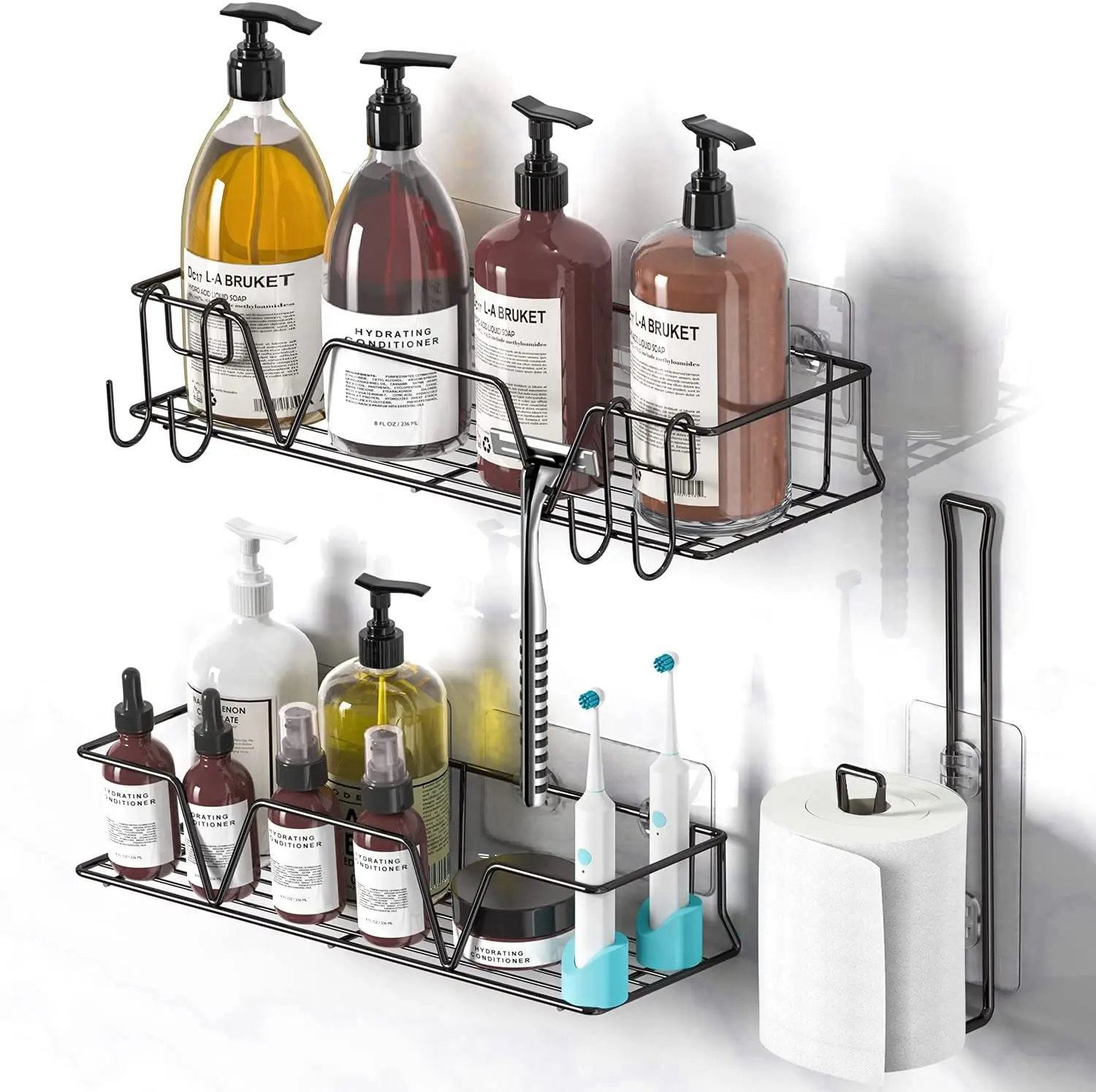 Orimade Adhesive Shower Caddy Shelf with 5 Hooks Organizer Storage Rack Wall  Mou