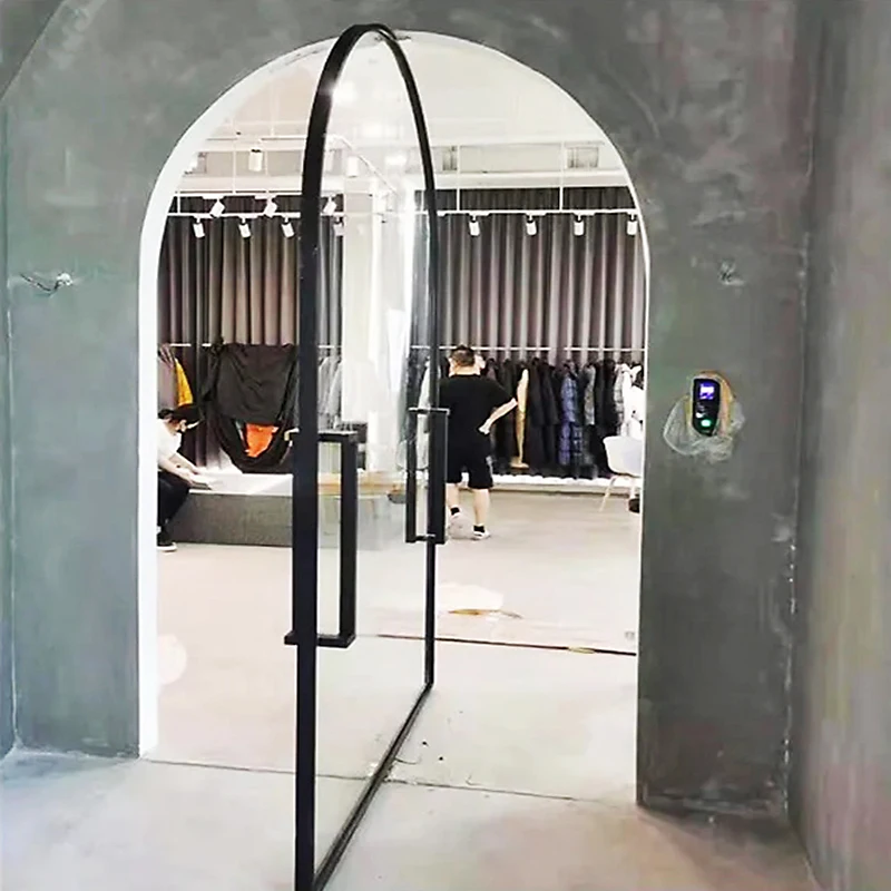 Commercial Pivot Arch Glass Door Custom Made Shop Front Stained Tempered Glass Door Storefront Glass Doors Classic Rounded Top