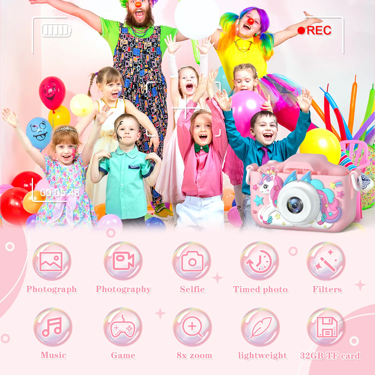 Multi-Functional Kids Camera 300000 Pixels CMOS 1080P HD Video Dual Cameras 2.0" IPS Screen 32G Built-in Memory