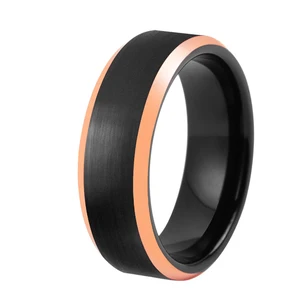 Black Brushed Center Rose Gold Edges Two-Tone Carbide Tungsten Inlay Fashion Men's Wedding Ring Jewelry