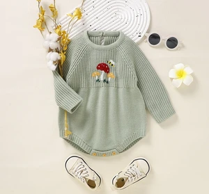 New Style Winter Newborn Cute Embroidery Mushroom Button Closure Baby Knitted Jumpsuits Rompers