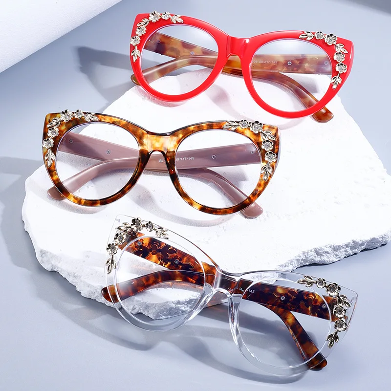 Vintage Baroque Flowers Cat Eye Anti Blue Light Reading Eyeglasses Women  2024 Luxury Red Oversized Optical Prescription Glasses