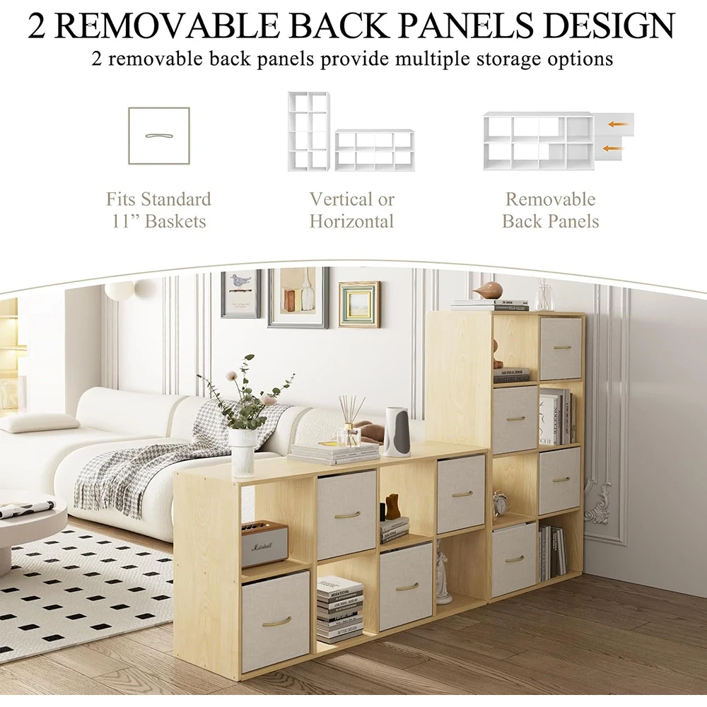 product solid wood modern nu deco cube storage organizer bookshelf 8 cubes 4 bins 2 removable back panels for bedroom living room office-5