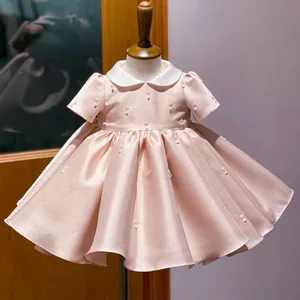 Princess Knee-length Satin Flower Girl Dress Pink Silhouette Princess O-Neck Sleeve Puff Sleeve Wedding Clothes for Kids