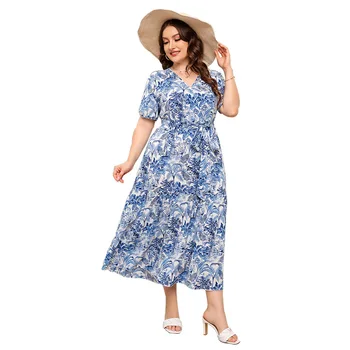 2023 plus size custom female Women lady Ruffle Casual V Neck Fragmented Flower Beach Vacation Beach Loose Waist Long Dress