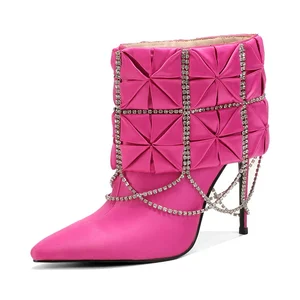 Wholesale Custom Pink Satin Ankle Boots High Heel Folded Panel Fashion Rhinestone Chains Pointed Toe Western for Summer Autumn