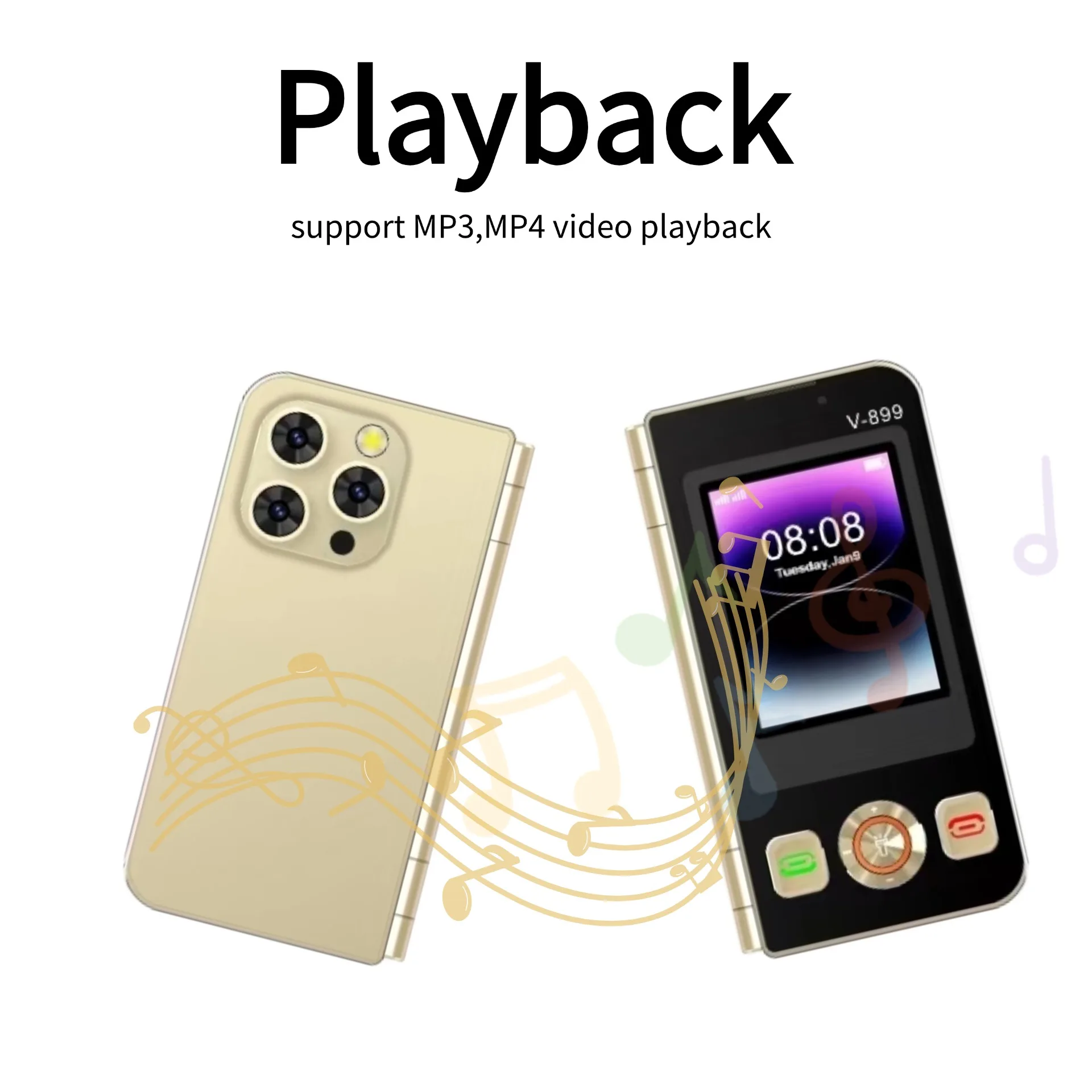 V8 Pro Folding Flip Feature Phone - 2G, Dual Sim, Multilingual