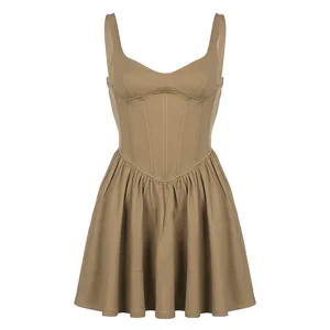 2026 Spring Hot New Sexy Low-neck Breast Fish Bone Belt Waist Thin Halter Women Short Skirt Designer Evening Dresses