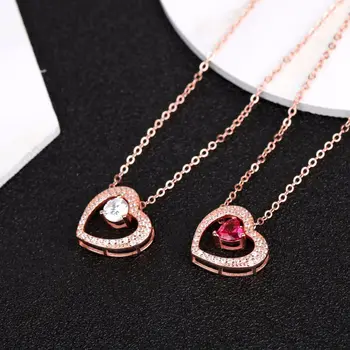 Valentine Jewelry 925 Sterling Silver Rose Gold Red Diamond Crystal Heart Pendant Necklace S925 Hollow Zirconia Heart Necklace