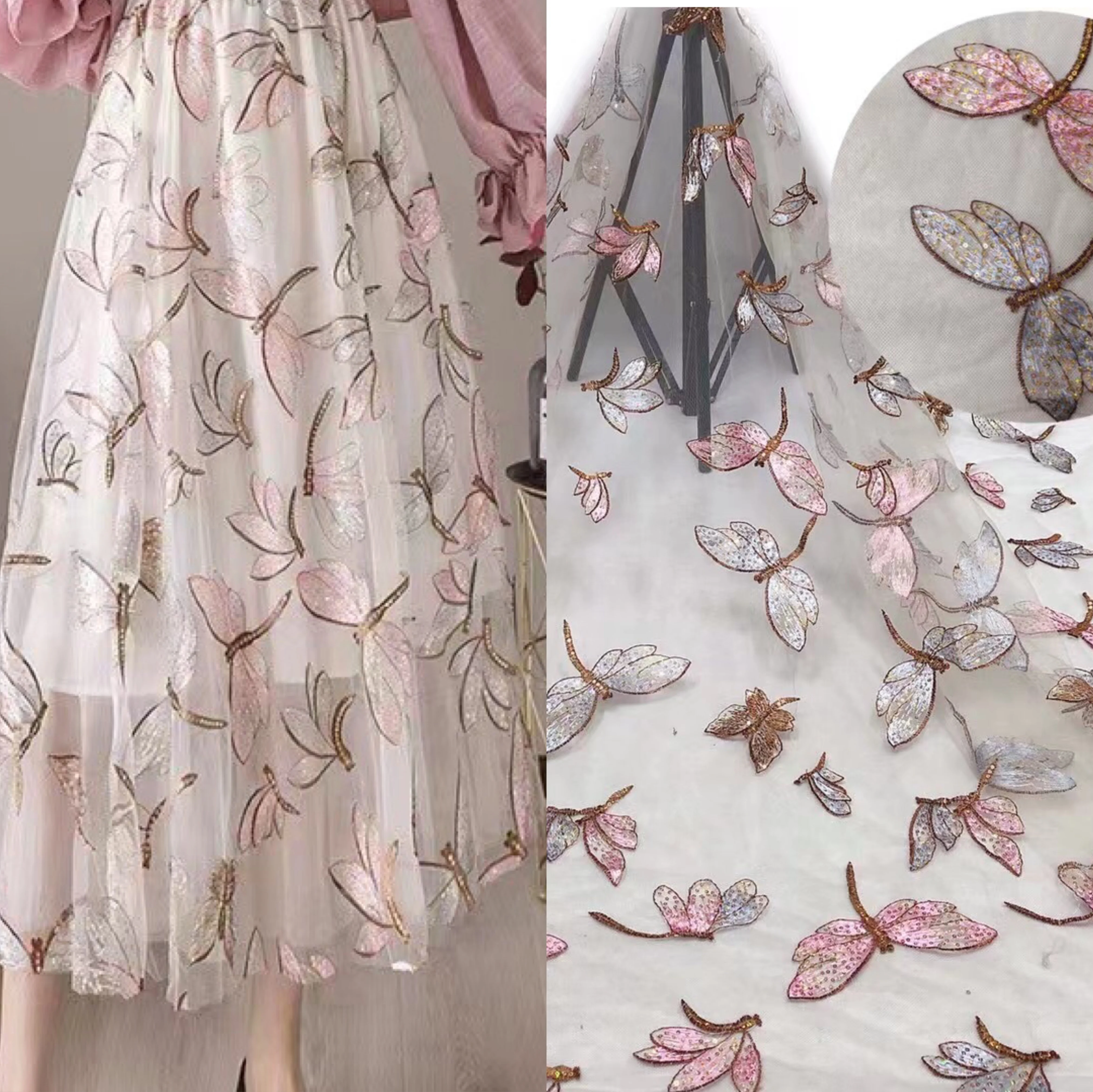 Fancy Embroidered Dragonfly Pattern Sequins Lace Tulle Fabric LT21193