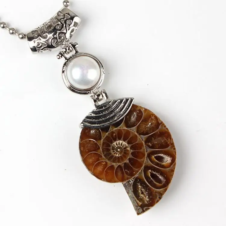 DIY Natural Ammonite Pendant Conch Shell Black Obsidian Pendant for Crystal Necklace Jewelry