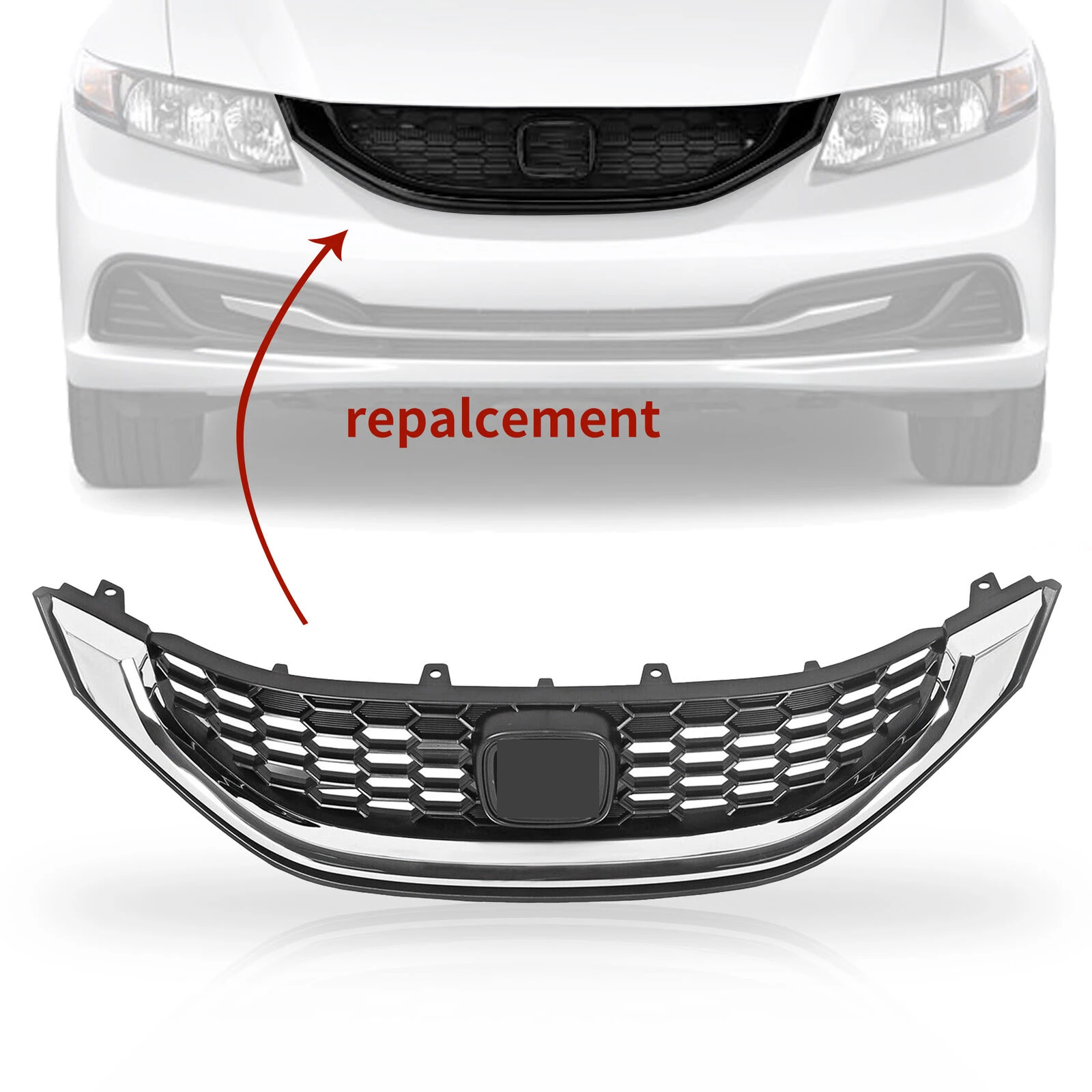 OEM new replacement auto parts front body bumper cover upper grille with chrome trim molding for honda civic 2013 2014 2015