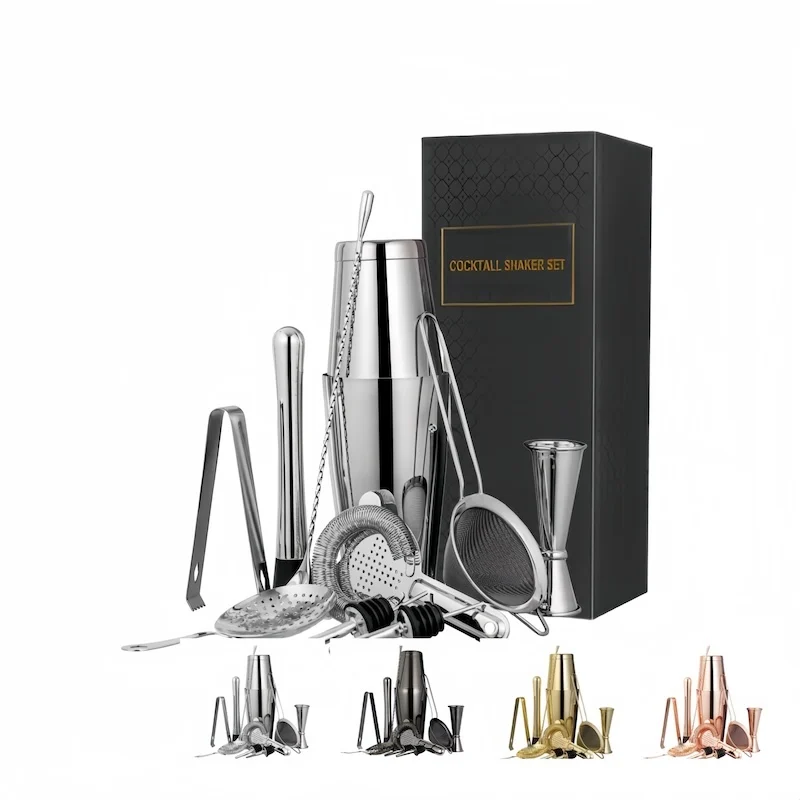 Factory Wholesale Hot Sale 11 Pcs Stainless Steel Boston Rose Gold Cocktail Shaker Set with 350ml/550ml/750ml Capacity Reusable with Custom Logo