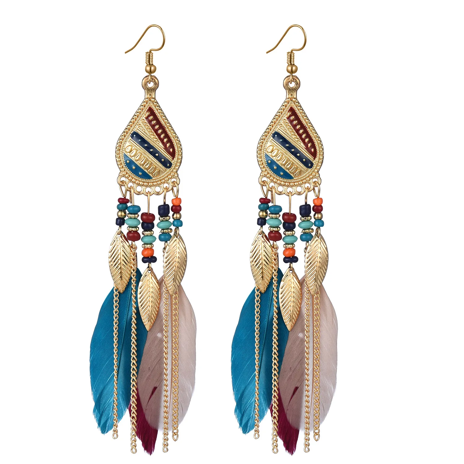 Ethnic Boho Style Colorful Drop Long Real Feather Pendant Bohemian Earrings Jewelry for Women