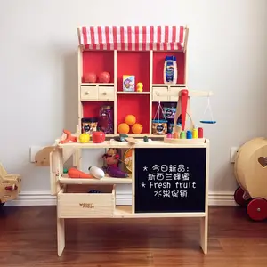 Hot Wooden Children Role Play Toy Simulation Shop Wooden Fruits Vegetables Supermarket Grocery Shopkeeper Cart Stand Kitchen Toy