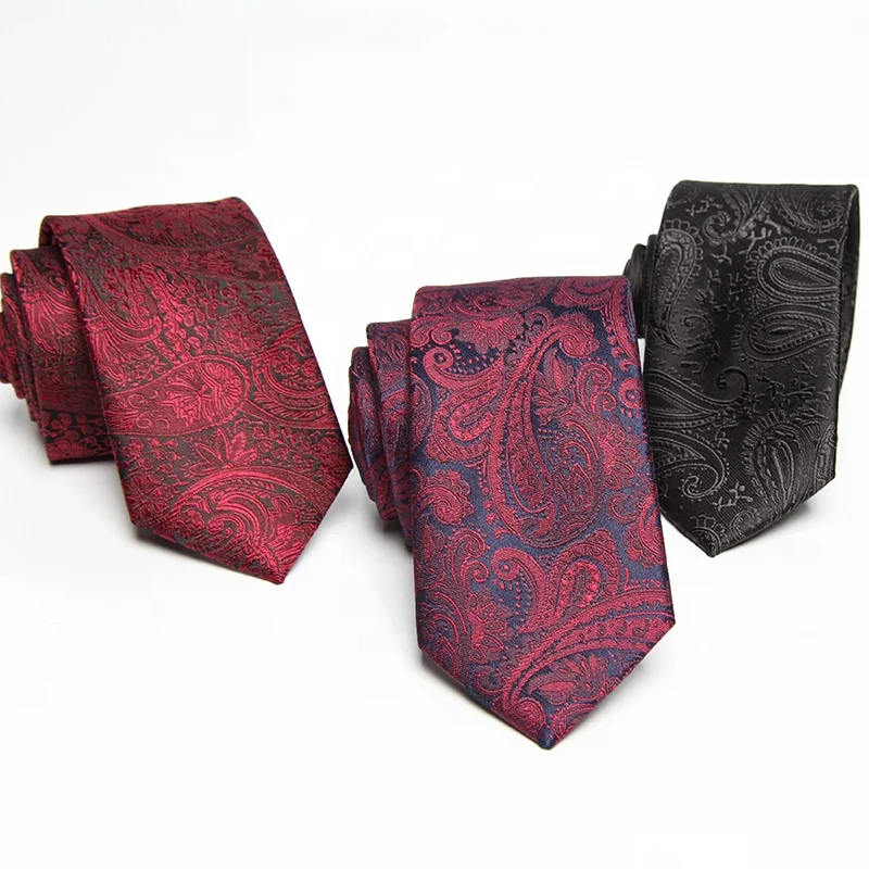 Men's Luxury Paisley Jacquard Polyester Necktie Handmade Custom Black Slim Floral Tie Brands Label