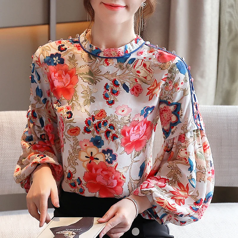 Long Sleeve Print Chiffon Blouse Shirt Women Tops Blusas Mujer De