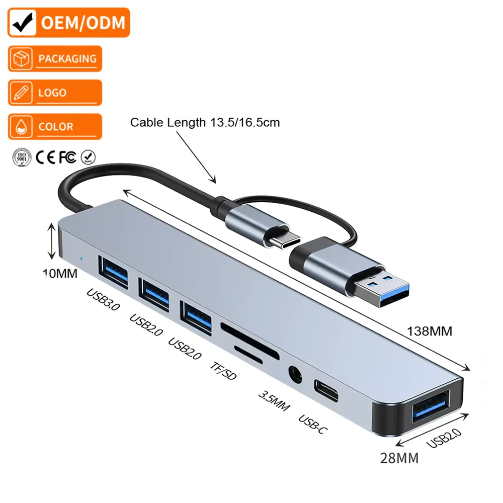 8 in 1 USB C Hub Dual Port USB a and Type C Adapter with 4K HDMI PD Charging RJ45 Ethernet USB 3.0 SD TF for Laptop MacBook PC
