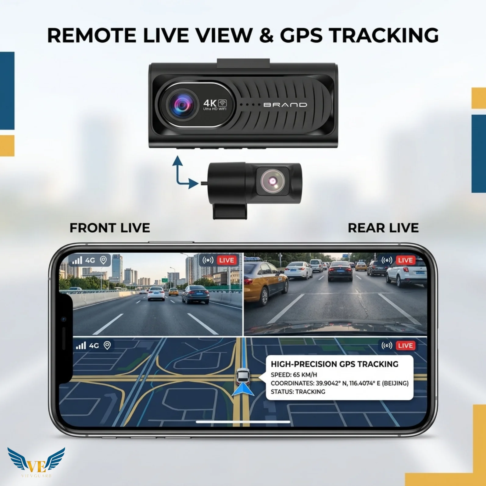 VIEVGUARB T19 Dash Cam Dual Lens Night Vision G-Sensor Parking Monitor Loop Recording App Control 4K WiFi IPS Screen 4G LTE CAT1