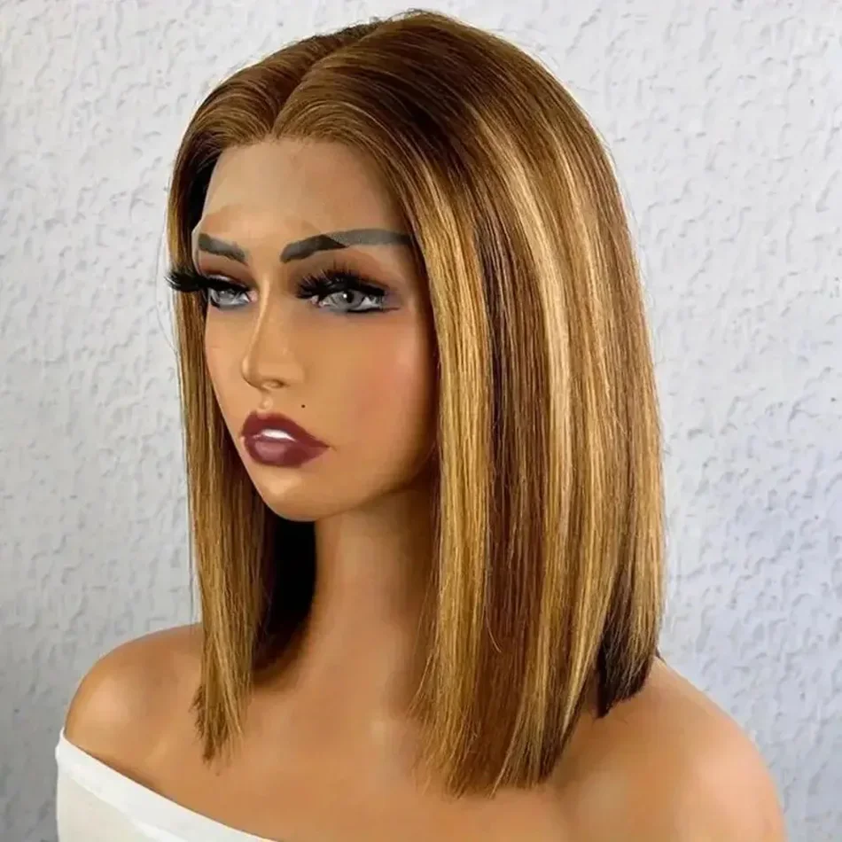 Parrucca frontale in pizzo 13x4 brasiliana Remy 100% capelli umani con mèches 4/27 parrucche corte lisce_voghion.com