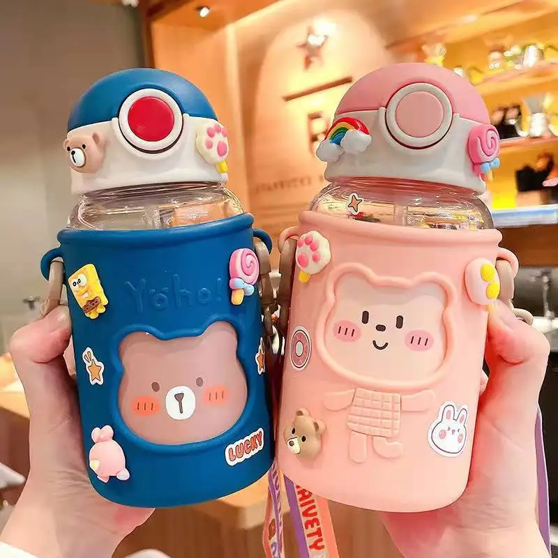 Kawaii Portable Sports Water Bottle, Cartoon Plastic Leakproof Bpa