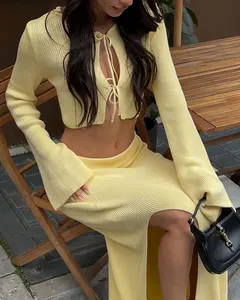 Lace-up Long Sleeve Cardigan Tops+High Slit Skirts 2 Piece Sets Streetwear Women Knitted Sweater Dresses Suit