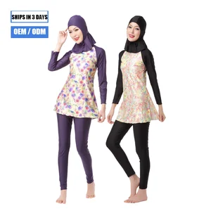 Custom New Fashion Women Modest Swimsuit Full Coverage Muslim Flower Swimsuit Three Piece Swimsuit with Hijab Hood