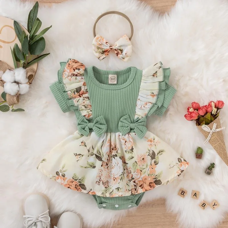 Hot Sale Summer Baby Girls Short Sleeve Romper Dress Infant Flower Jumpsuit With Hairband Fashion Baby Newborn Princess Clothes