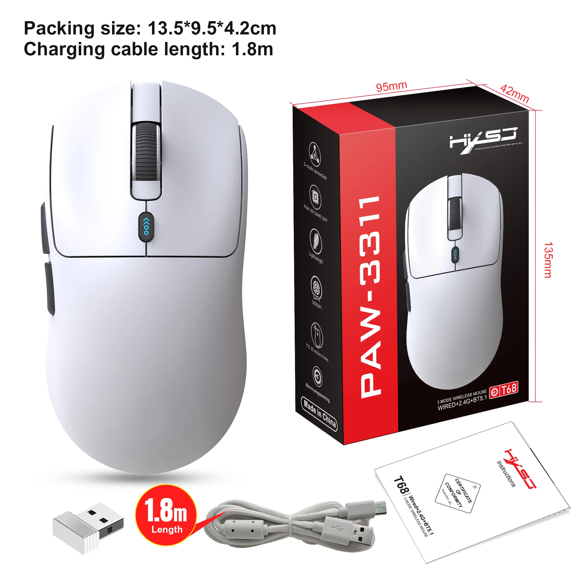 HXSJ T68 Tri-Mode 12000DPI Optical Gaming Mouse - Right-Handed, 7
