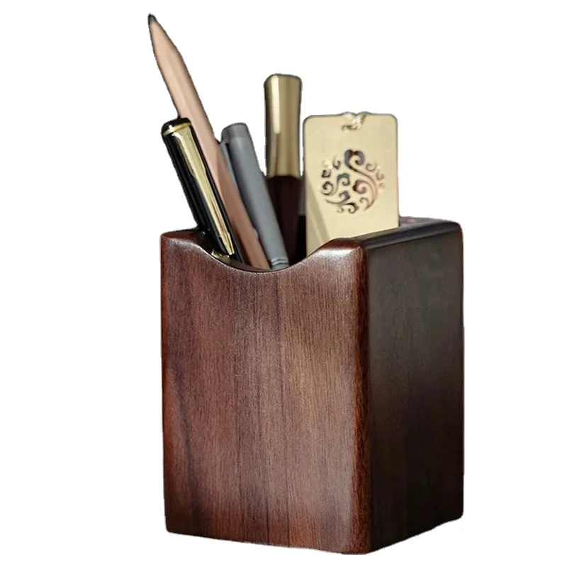Natural Walnut Wooden Desk Organizer Round Ink Storage Case With Pen