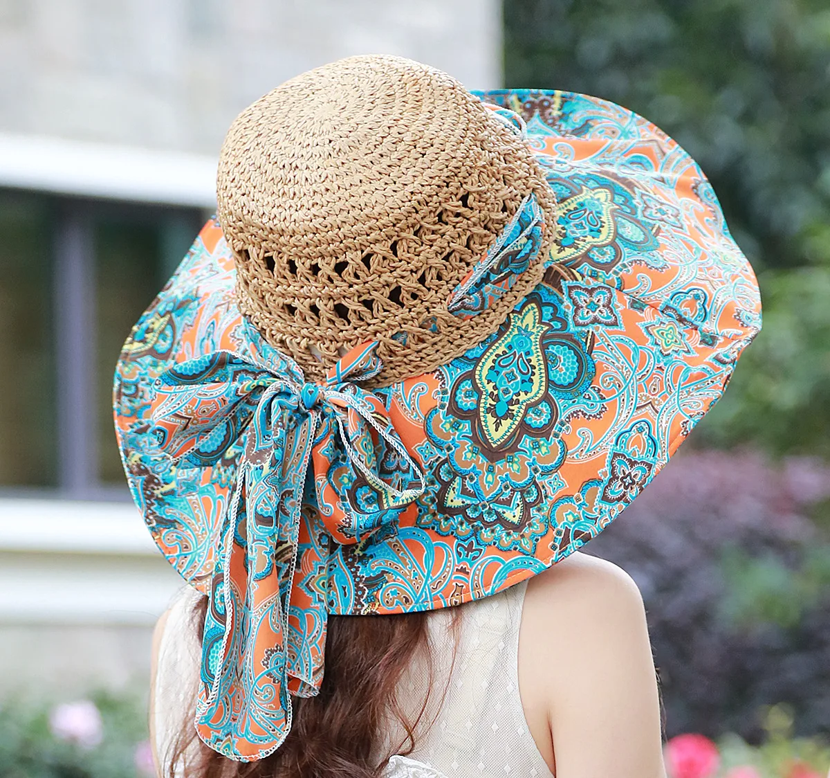 Summer Hand Crochet Paper Straw Bucket Hat with Flower Print