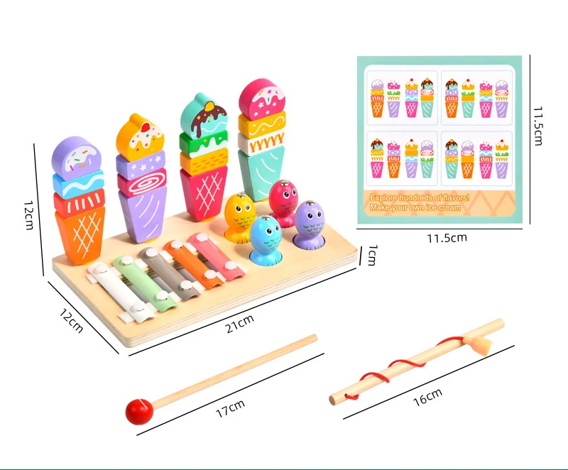 Višenamjenski 3 u 1 set za djecu, igra ribolova, sladoled, Montessori glazbeni drveni ksilofon, zabavni edukativni igrački